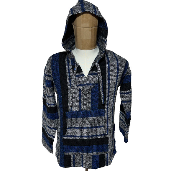 Baja Hoodie Mens Medium Blue Black Striped Drug Rug Tapestry Pullover Hippie - Picture 1 of 8